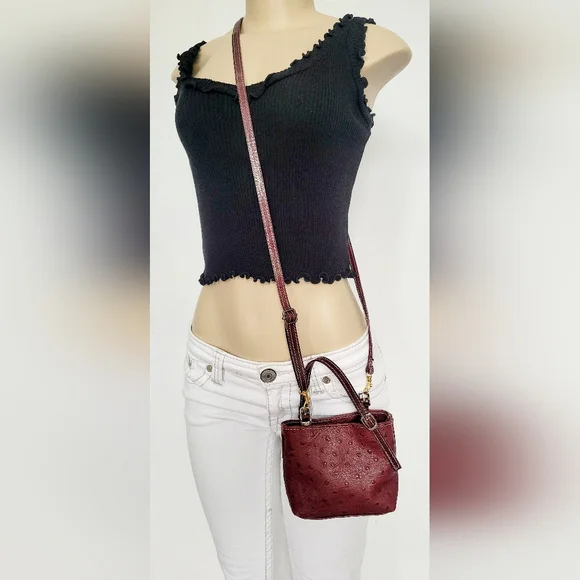 Cecconi Piero Burgundy Genuine Ostrich-Embossed Leather Mini Crossbody Bag 7"×6" - Picture 8 of 16